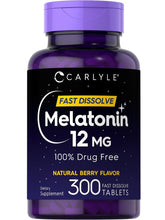Cargar imagen en el visor de la galería, Melatonina extra fuerte de 12 mg. Mejora tu sueño, Sin drogas, 100% natural. Carlyle. 300 tabletas.
