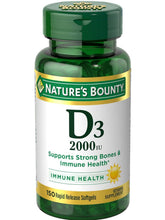 Cargar imagen en el visor de la galería, Vitamina D3. Apoya los huesos y el sistema inmunológico. 2000 IU, Nature’s Bounty. 150 softgels
