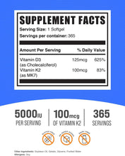 Cargar imagen en el visor de la galería, Vitamina D3 + Vitamina K2, 365 softgels, dura 365 días
