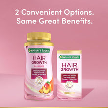 Cargar imagen en el visor de la galería, Gomitas Nature&#39;s Bounty para el crecimiento del cabello: un cabello más grueso y abundante con biotina, silicio y arginina, sabor a melocotón y mango. Sin gluten, sin lactosa, sodio ni pescado. 60 gomitas/30 servicios. PPU
