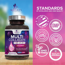 Cargar imagen en el visor de la galería, Multi Colageno: 5 tipos diferentes de colágeno (I, II, III, V, X). Apoya la salud de pelo, piel, uñas, articulaciones y defensas. 120 cápsulas extrafuertes.
