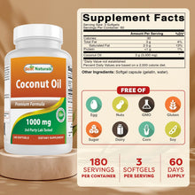 Cargar imagen en el visor de la galería, Aceite de coco virgen extra 1000 mg, Best Naturals, 180 Softgels (cápsulas blandas)
