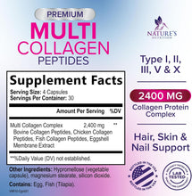Cargar imagen en el visor de la galería, Multi Colageno: 5 tipos diferentes de colágeno (I, II, III, V, X). Apoya la salud de pelo, piel, uñas, articulaciones y defensas. 120 cápsulas extrafuertes.
