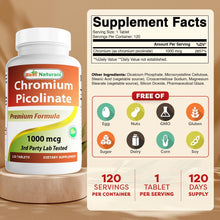 Cargar imagen en el visor de la galería, Picolinato de cromo, 1000 mcg. Best Naturals. 120 tabletas
