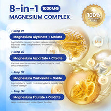 Cargar imagen en el visor de la galería, Complejo de magnesio (Magnesium Complex) de 1000 mg para mujeres y hombres, 8 elementos elementales con glicinato de magnesio, citrato, malato, taurato, óxido, carbonato, aspartato, orotato para huesos, músculo, 90 cápsulas

