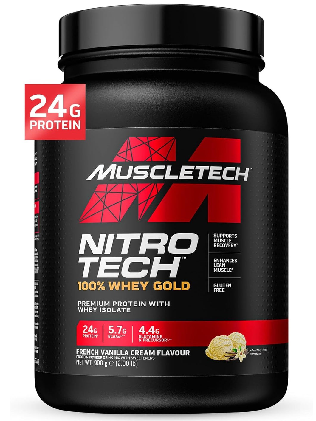 Proteína Muscletech, NitroTech 100% Whey Gold, 24 gramos de proteína, 5.4 gramos BCAA, 4 gramos Glutamina, 2  Libras