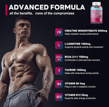 Cargar imagen en el visor de la galería, Gomitas de monohidrato de creatina de 8000 mg con BCAA, L-carnitina, taurina y vitamina B12, suplemento preentrenamiento para crecimiento muscular, fuerza y energía, 90 gomitas masticables con sabor
