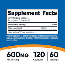 Cargar imagen en el visor de la galería, Ácido alfa lipoico (Alpha Lipoid Acid), 600 mg, Nutricost, 120 cápsulas
