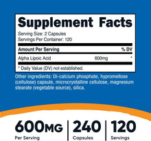 Cargar imagen en el visor de la galería, Ácido alfa lipoico (Alpha Lipoid Acid), 600 mg,  Nutricost, 240 cápsulas
