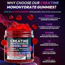 Cargar imagen en el visor de la galería, Gomitas de creatina monohidrato, 9000 mg, pre-entrenamiento para hombres y mujeres, gomita de creatina con L-taurina, BCAA 2:1, B12,  para apoyo muscular, mejorar la fuerza, 120 gomitas
