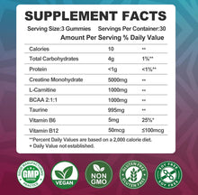 Cargar imagen en el visor de la galería, Gomitas de monohidrato de creatina de 8000 mg con BCAA, L-carnitina, taurina y vitamina B12, suplemento preentrenamiento para crecimiento muscular, fuerza y energía, 90 gomitas masticables con sabor
