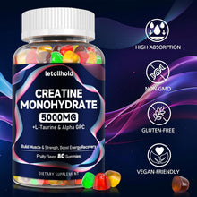 Cargar imagen en el visor de la galería, Creatina en gomitas, Monohidrato, 5g para Mujeres y Hombres, con L-Taurina y Alpha GPC, Construye Músculos,  Sin Azúcar, Aumento de Energía, Vegano No GMO, 80 gomitas
