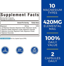Cargar imagen en el visor de la galería, Complejo de magnesio (Magnesium Complex) 10 en 1, Vitalibre , 420 mg de magnesio elemental, ultra fuerza, máxima absorción, suplemento de magnesio quelado para nervios, salud ósea y cardíaca, sin OMG, 120 cápsulas veganas
