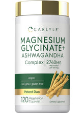 Cargar imagen en el visor de la galería, Magnesio Glicinato con Ashwagandha | Complejo de 2,740 mg | Carlyle | Dúo potente | Suplemento sin OMG y sin glute | 120 cápsulas vegetarianas
