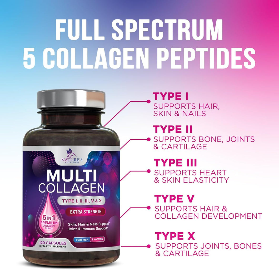 Multi Colageno: 5 tipos diferentes de colágeno (I, II, III, V, X). Apoya la salud de pelo, piel, uñas, articulaciones y defensas. 120 cápsulas extrafuertes.