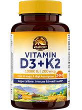 Cargar imagen en el visor de la galería, Vitamina D3 + Viatmina K2.  (D3+K2),  D3 de 10,000 IU + K2 de 200 mcg, ayuda a la salud  de los huesos, dientes, y sistema inmune
