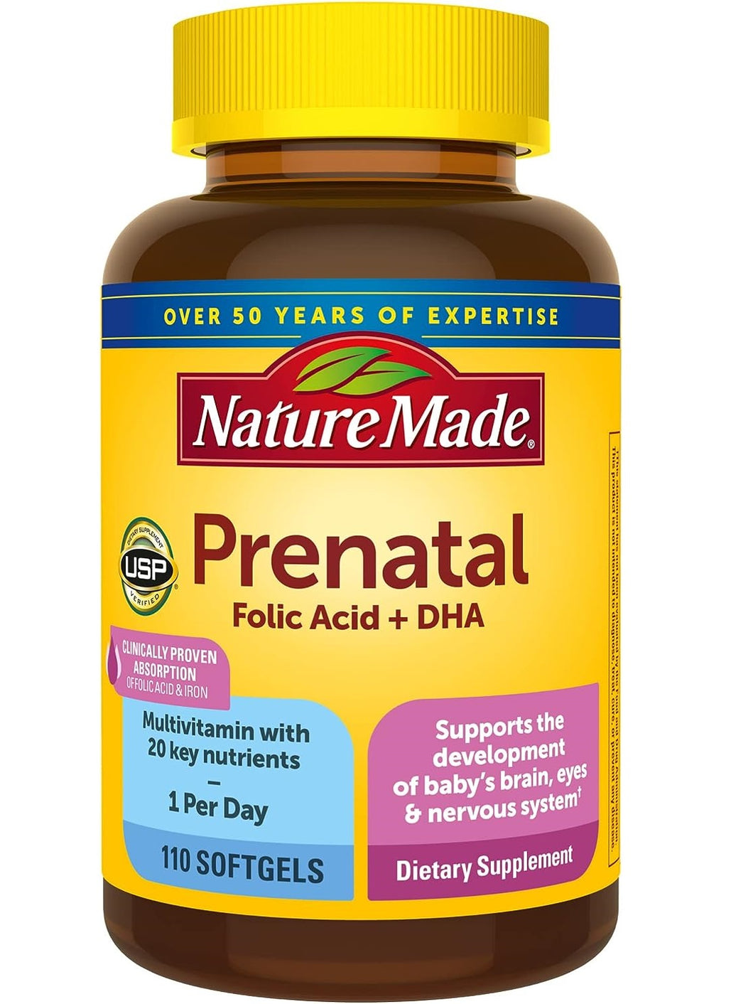 Prenatales, multivitamínico con ácido fólico+ DHA, Nature Made, 110 softgels