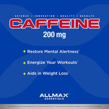 Cargar imagen en el visor de la galería, Cafeína ALLMAX Nutrition: energía sostenida y concentración mental pre-entrenamiento, de rápida absorción y veganas, 200 mg, 100 tabletas
