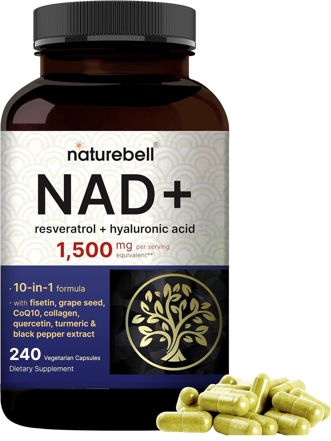 NAD+ con resveratrol y ácido hialurónico, Complejo 10 en 1 , quercetina, fisetina, colágeno y más – Sin OMG, 240 cápsulas