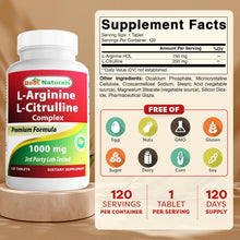 Cargar imagen en el visor de la galería, L-Arginina  y  L-Citrulina, Best Naturals, 1000 mg, 120 tabletas
