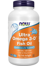 Cargar imagen en el visor de la galería, Ultra Omega 3-D, Now, 600 EPA / 300 DHA, 180 Fish Softgels

