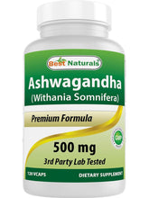 Cargar imagen en el visor de la galería, Ashwagandha, 500 mg en cada cápsula, Best Naturals, mejora el sueño, disminuye el estrés y la ansiedad, 120 cápsulas
