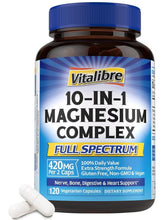 Cargar imagen en el visor de la galería, Complejo de magnesio (Magnesium Complex) 10 en 1, Vitalibre , 420 mg de magnesio elemental, ultra fuerza, máxima absorción, suplemento de magnesio quelado para nervios, salud ósea y cardíaca, sin OMG, 120 cápsulas veganas
