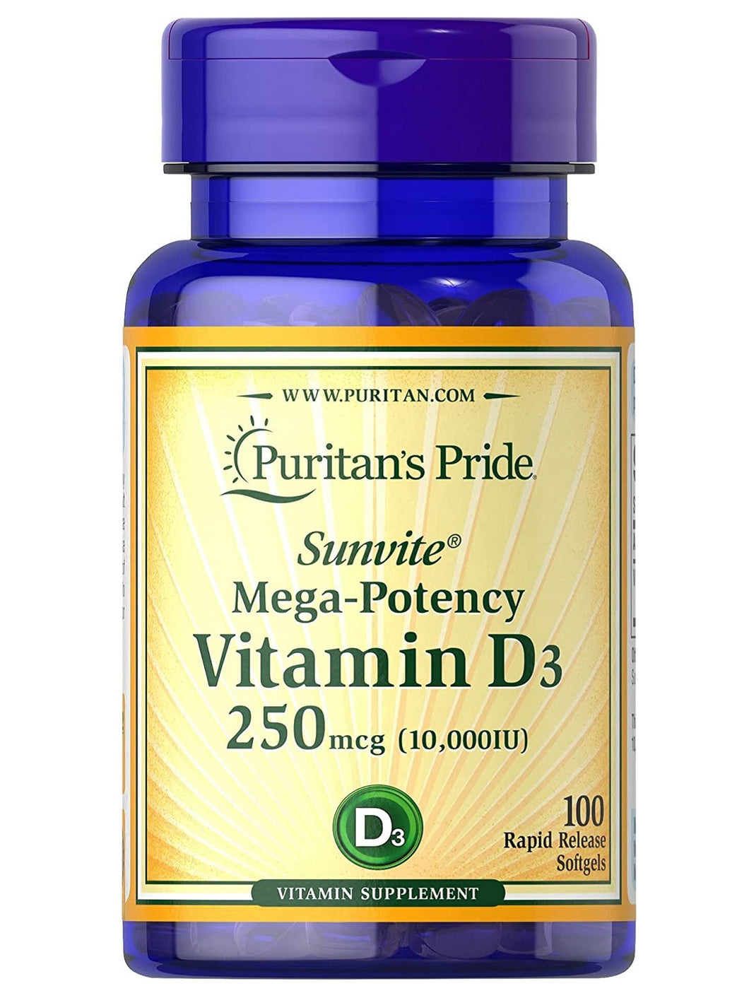 Vitamina D3 250 mcg (10,000 UI) Puritan’s Pride, 100 cápsulas