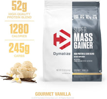 Cargar imagen en el visor de la galería, Dymatize Super Mass Gainer Proteína en polvo, Vainilla gourmet, 52g de proteína, 1g de creatina, 1280 calorías, 10.7g de BCAA, 245g de carbohidratos, contiene proteína de suero, aislado y caseína, 12 libras
