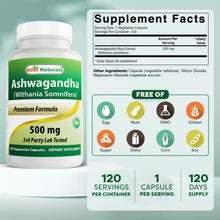 Cargar imagen en el visor de la galería, Ashwagandha, 500 mg en cada cápsula, Best Naturals, mejora el sueño, disminuye el estrés y la ansiedad, 120 cápsulas
