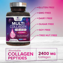 Cargar imagen en el visor de la galería, Multi Colageno: 5 tipos diferentes de colágeno (I, II, III, V, X). Apoya la salud de pelo, piel, uñas, articulaciones y defensas. 120 cápsulas extrafuertes.
