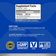 Cargar imagen en el visor de la galería, Cafeína ALLMAX Nutrition: energía sostenida y concentración mental pre-entrenamiento, de rápida absorción y veganas, 200 mg, 100 tabletas
