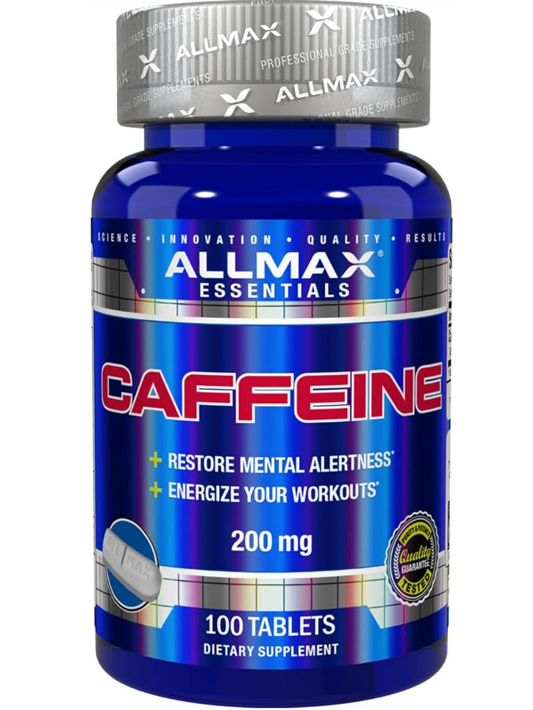 Cafeína ALLMAX Nutrition: energía sostenida y concentración mental pre-entrenamiento, de rápida absorción y veganas, 200 mg, 100 tabletas