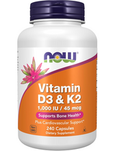 Cargar imagen en el visor de la galería, Vitamina D3 + K2 NOW Foods 1000 UI / 45 mcg, 240 Cápsulas Vegetarianas | Apoyo a la Salud Ósea, Absorción de Calcio y Sistema Cardiovascular
