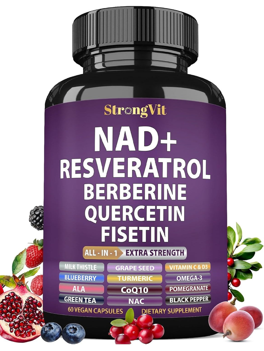 NAD+, Resveratrol, con Berberina, Quercetina, CoQ10, Fórmula 18 en 1, antienvejecimiento para mujeres y hombres, 60 cápsulas