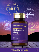 Cargar imagen en el visor de la galería, Melatonina Tahoe Nutritionals 12 mg de Disolución Rápida ,90 Tabletas, Sabor Frutos del Bosque | Ayuda a Conciliar el Sueño y Favorece el Descanso Nocturno
