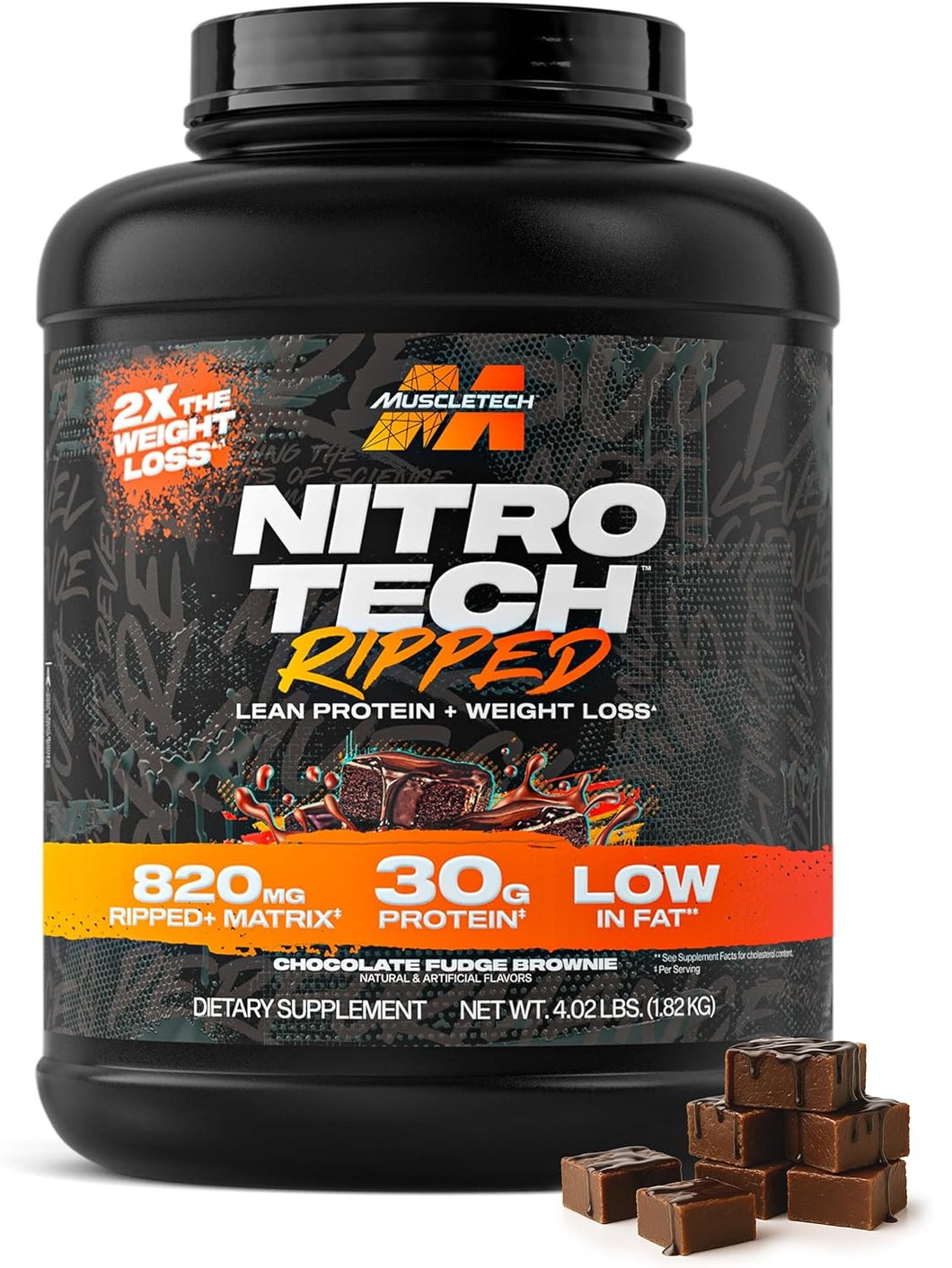 Proteína para perder peso y ganar definición muscular. NitroTech Ripped. Muscletech, Chocolate, Proteína + L-Carnitina. 4 Libras