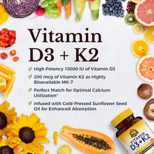 Cargar imagen en el visor de la galería, Vitamina D3 + Viatmina K2.  (D3+K2),  D3 de 10,000 IU + K2 de 200 mcg, ayuda a la salud  de los huesos, dientes, y sistema inmune
