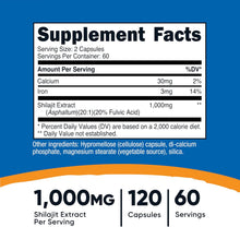 Cargar imagen en el visor de la galería, Shilajit 1000 mg por servicio, con ácido fúlvico de origen natural, 120 cápsulas Nutricost
