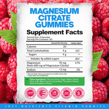 Cargar imagen en el visor de la galería, Citrato de Magnesio en Gomitas Just Nutrients 600 mg, Sabor Frambuesa | Apoyo a la Relajación, Huesos, Músculos y Sistema Nervioso, 120 Gomitas
