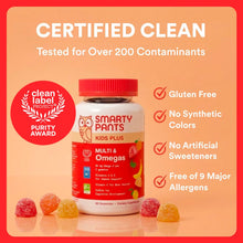 Cargar imagen en el visor de la galería, SmartyPants Multivitamínicos en gomitas para niños con Omega 3 DHA/EPA, Vitaminas D3, C, B12, B6, A, K y Zinc; sin gluten, etiqueta limpia, tres sabores frutales, 60 gomitas
