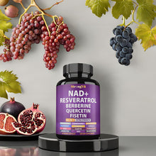 Cargar imagen en el visor de la galería, NAD+, Resveratrol, con Berberina, Quercetina, CoQ10, Fórmula 18 en 1, antienvejecimiento para mujeres y hombres, 60 cápsulas
