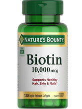 Cargar imagen en el visor de la galería, Biotina 10,000 mcg, salud de cabello, piel, uñas, energía. Nature&#39;s Bounty. 120 softgels
