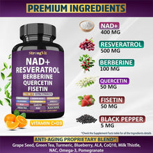 Cargar imagen en el visor de la galería, NAD+, Resveratrol, con Berberina, Quercetina, CoQ10, Fórmula 18 en 1, antienvejecimiento para mujeres y hombres, 60 cápsulas
