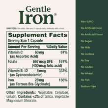 Cargar imagen en el visor de la galería, Nature's Bounty Gentle Iron, Hierro, Cápsulas de 28 mg con vitamina C, ácido fólico, suplemento de hierro de vitamina B-12, sin OMG, sin gluten, 90 cápsulas
