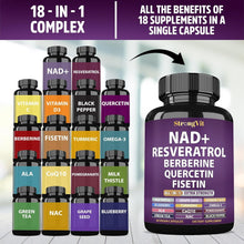 Cargar imagen en el visor de la galería, NAD+, Resveratrol, con Berberina, Quercetina, CoQ10, Fórmula 18 en 1, antienvejecimiento para mujeres y hombres, 60 cápsulas
