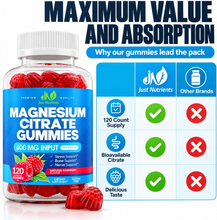 Cargar imagen en el visor de la galería, Citrato de Magnesio en Gomitas Just Nutrients 600 mg, Sabor Frambuesa | Apoyo a la Relajación, Huesos, Músculos y Sistema Nervioso, 120 Gomitas
