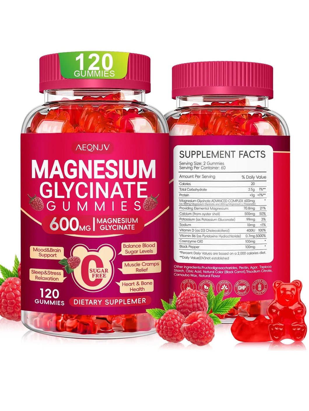 Glicinato de Magnesio, 120 gomitas, 600 mg, sin azúcar
