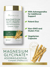 Cargar imagen en el visor de la galería, Magnesio Glicinato con Ashwagandha | Complejo de 2,740 mg | Carlyle | Dúo potente | Suplemento sin OMG y sin glute | 120 cápsulas vegetarianas

