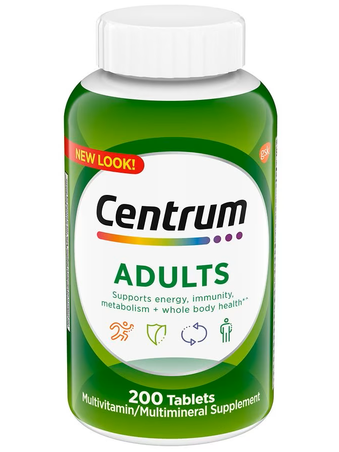 Multivitamínico Centrum para adultos (Mujer y Hombre) 200 tabletas. 23 micronutrientes. vitamina D3, B, C, E,  hierro, zinc, antioxidantes.
